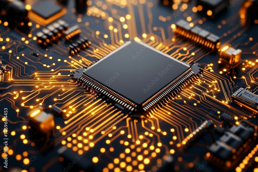 Poster an image showcasing a technology-infused chip accented by luminous circuit pathways, embodying the p