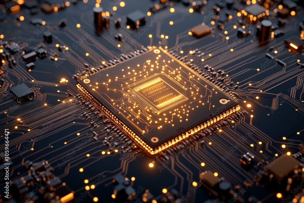 Aufkleber depicts a central processing unit amid radiant electronic lines, symbolizing modern computational po