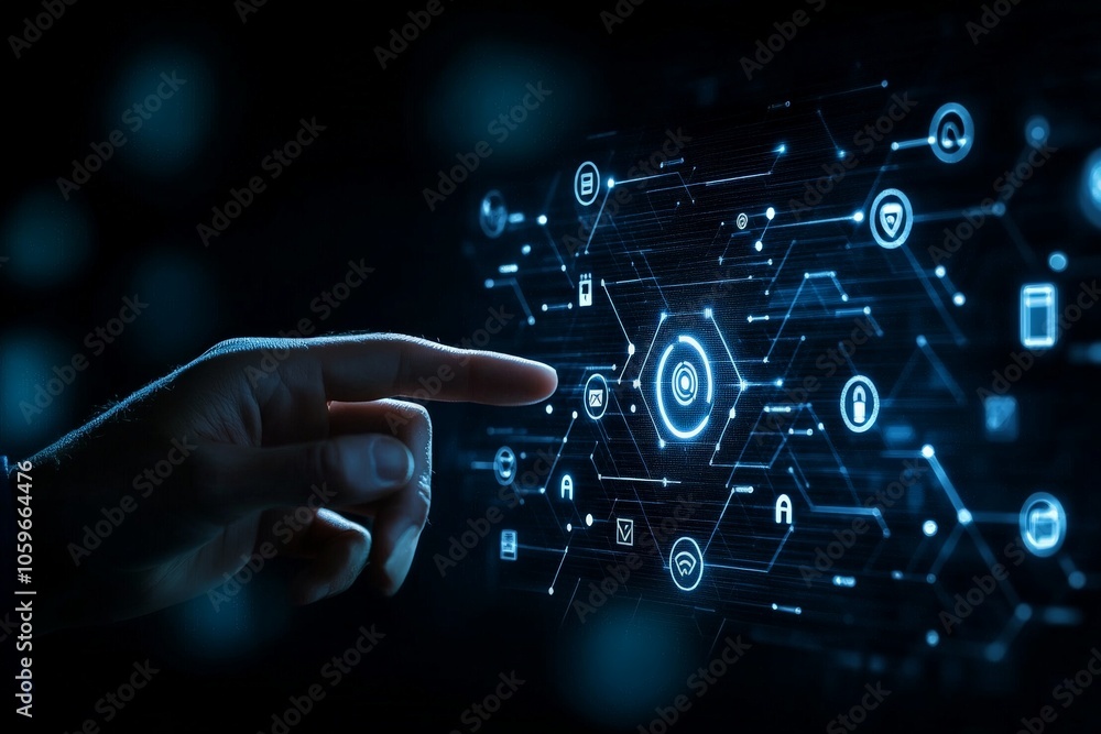Poster a hand pointing towards a luminous, networked digital interface, encapsulating concepts of technolog