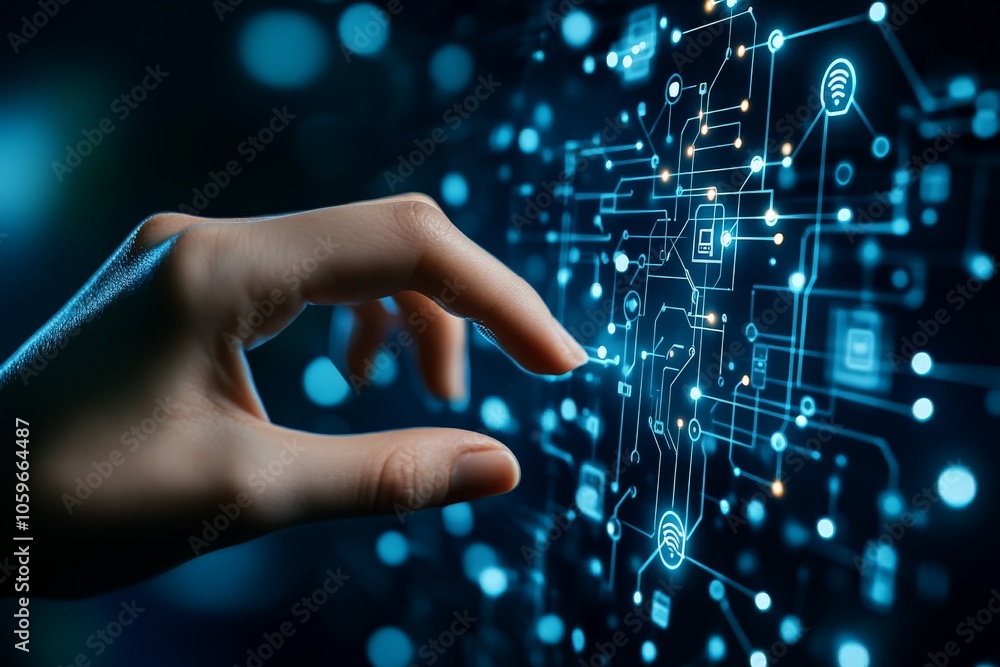 Poster two fingers hovering over a digital network display, illustrating digital networks and connectivity 