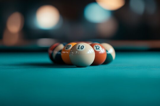 A captivating line-up of colorful billiard balls laid on the smooth surface of a billiard table, showcasing numeric identifiers and the sport's strategic elegance.
