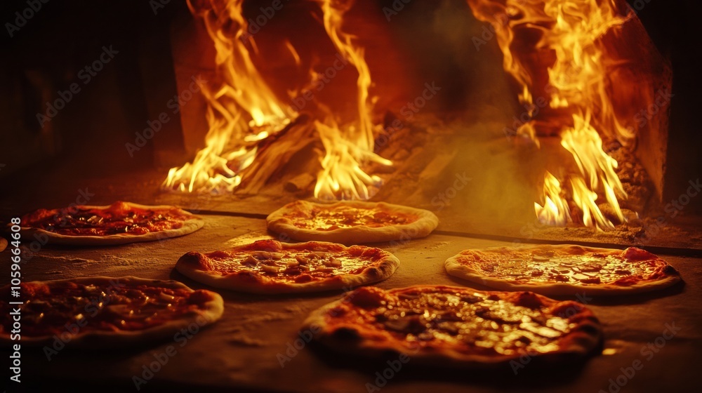 Poster pizzas are being baked in a hot stone oven, surrounded by vibrant flames that enhance their taste an
