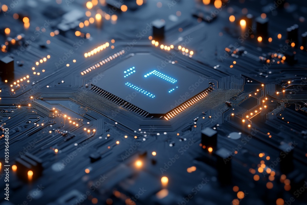 Poster an intricate microchip sits on a circuit board, illuminated by blue lights highlighting the complex 