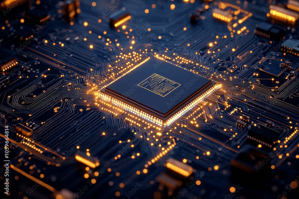 Poster the central processing unit glows intensely on a detailed circuit board, representing the core of co
