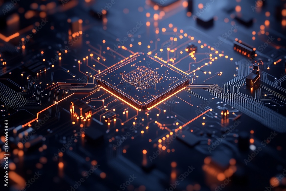 Poster a sophisticated microprocessor chip glowing within complex circuits, demonstrating the pinnacle of m