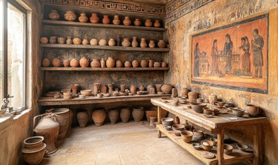 Interior view of ancient Roman home showing pottery and wall fresco