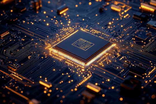 The central processing unit glows intensely on a detailed circuit board, representing the core of computational power and technological advancement in electronics.