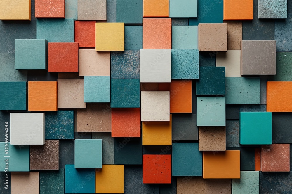 Poster an engaging abstract image featuring colorful squares and rectangles meticulously arranged to create