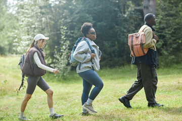 Fototapeta premium Hazy side view shot of diverse group of friends walking together in row on green grass in forest enjoying hike and wearing backpacks copy space