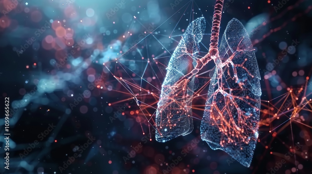 Poster plexus effect surrounding holographic lungs with trachea and bronchi representing future technology 