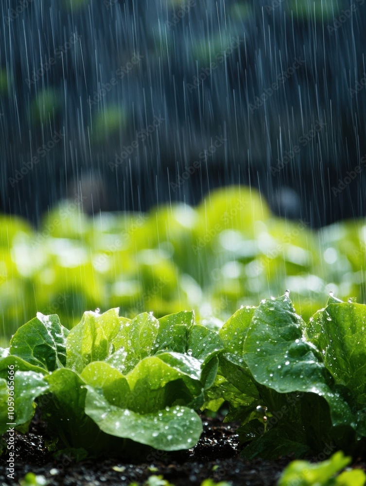 Poster a vibrant vegetable garden thrives as gentle rain falls, creating a refreshing atmosphere with spark