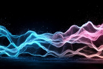 Fototapeta premium Vivid depiction of energetic waves in blue and pink glowing against a dark backdrop, exuding vitality and dynamic contrast while highlighting color interplay.