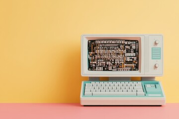 A retro-style art piece depicting a vintage computer with aesthetically pleasing circuit design, evoking nostalgia and creativity in a blend of technology and art.
