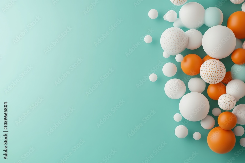 Poster organic spheres in orange, white, and subtle patterns are scattered on a light teal background, crea