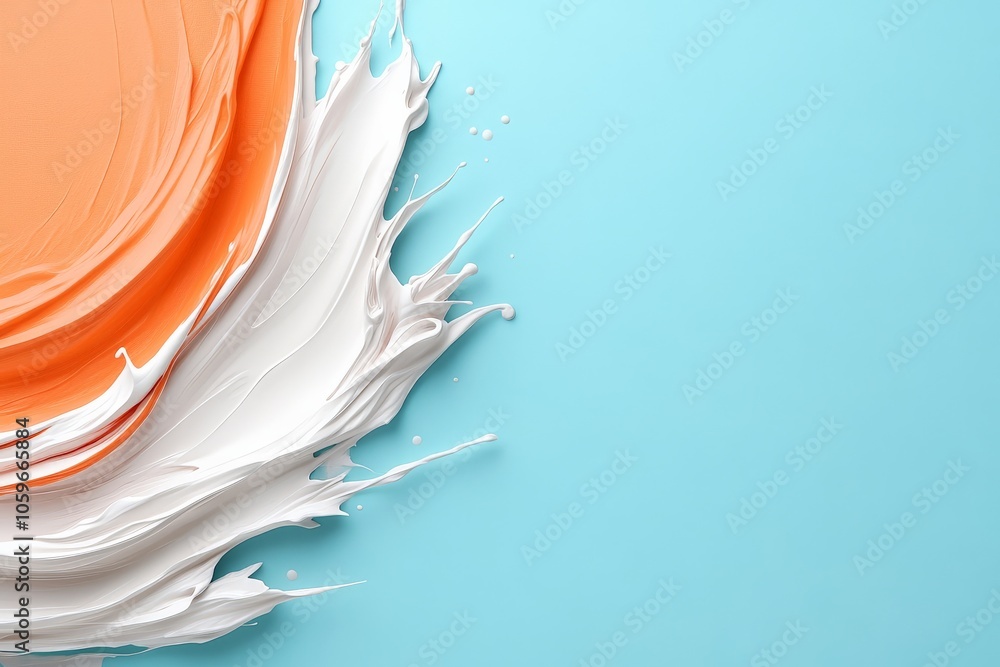 Poster an artistic representation of flowing orange and white paint on a teal background, emphasizing movem