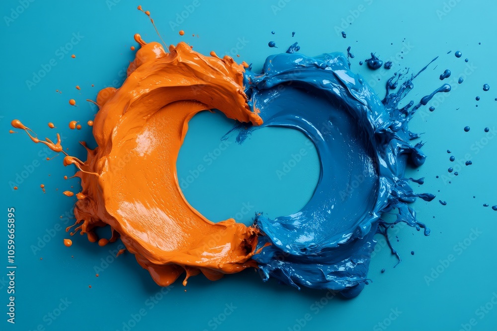 Poster a striking visual of orange and blue paint splashes colliding dynamically on a flat surface, creatin