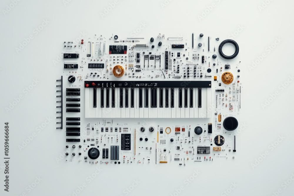 Poster image of a disassembled keyboard with parts arranged artistically in a pattern, showcasing the intri