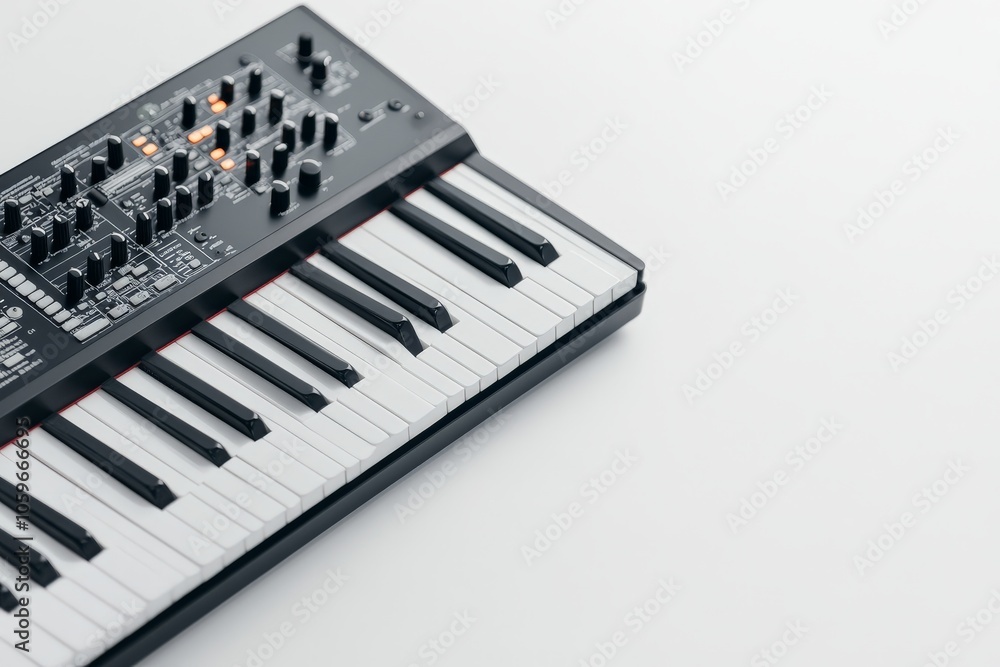Poster a close-up view of a synthesizer keyboard, offering a detailed perspective of its keys and controls,