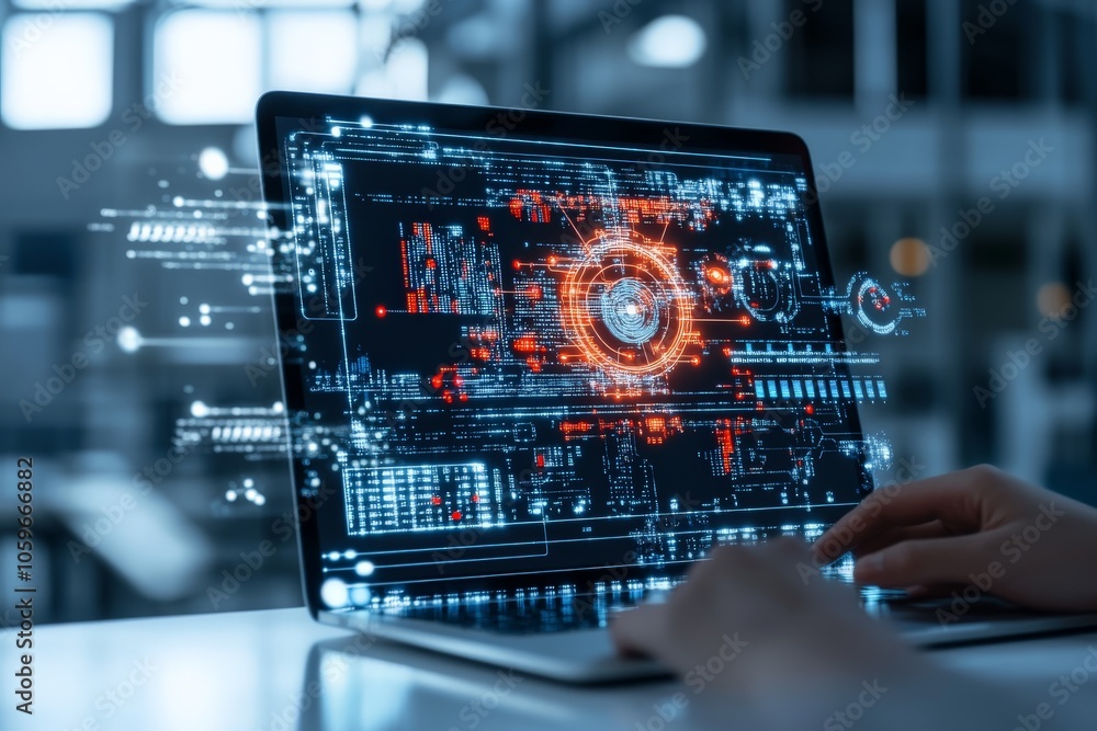 Poster a high-tech laptop screen showcases a futuristic digital interface with intricate patterns and virtu