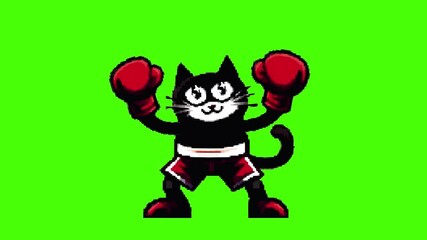 cheerful cat wearing boxing gloves, boxer animal champion funny pixel art animation on green screen