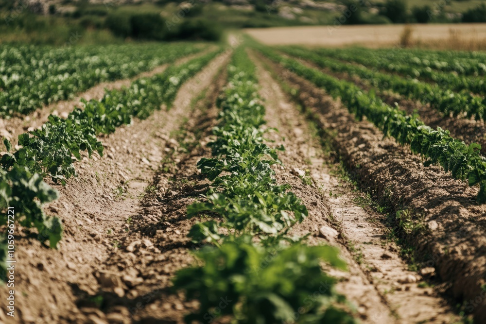 Poster fresh vegetables are arranged in straight rows within a sunny garden, showcasing the vibrant greener