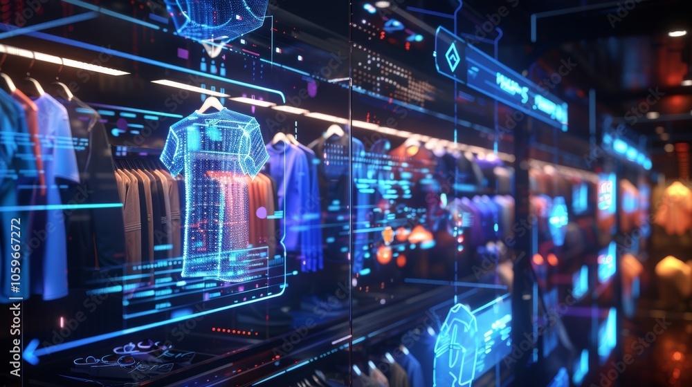 Poster futuristic user interface showing clothes information and prices using augmented reality in a clothi