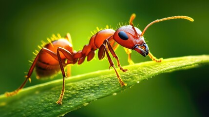Close-up of a Vibrant Red Ant on Green Leaf