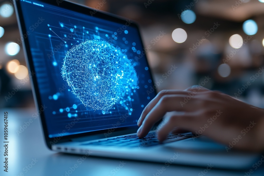 Poster a person is interacting with a laptop displaying a digital representation of a glowing brain, symbol
