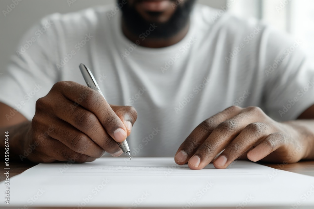 Poster a close-up image of a person writing on a paper with a pen, their focus on the task as they sit at a