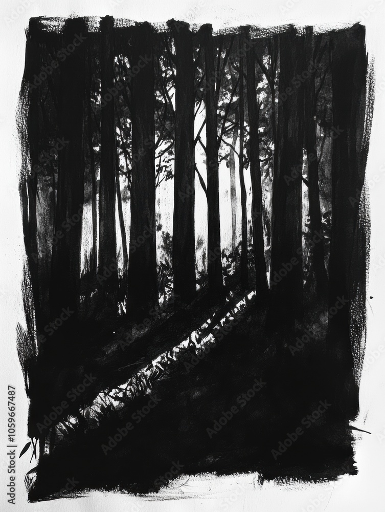 Poster the artwork illustrates a dense forest with tall trees, showcasing intricate details and shadows tha