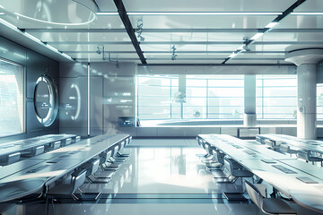 Fototapeta premium A modern, sleek conference room with futuristic design elements and ample natural light, ideal for collaborative meetings.