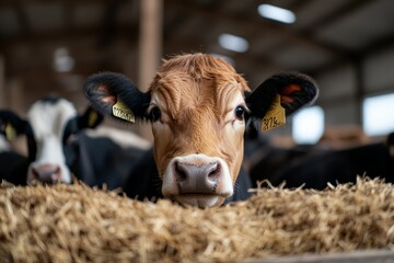 Close-up view of a curious brown cow peering from its straw bed, with a barn backdrop, capturing the innocence and curiosity of rural farm life.