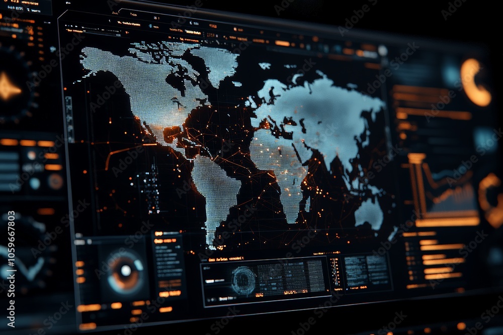 Poster a detailed digital map displaying interconnected networks, symbolizing technological advancement, gl