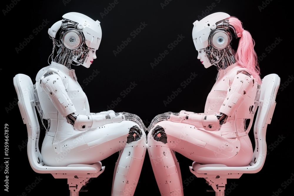 Poster two humanoid robots sit across from each other on chairs, showcasing advanced technology and artific