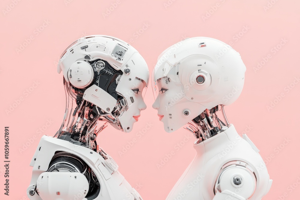 Poster a pair of humanoid robots engage in a close and intimate face-to-face interaction, exploring themes 
