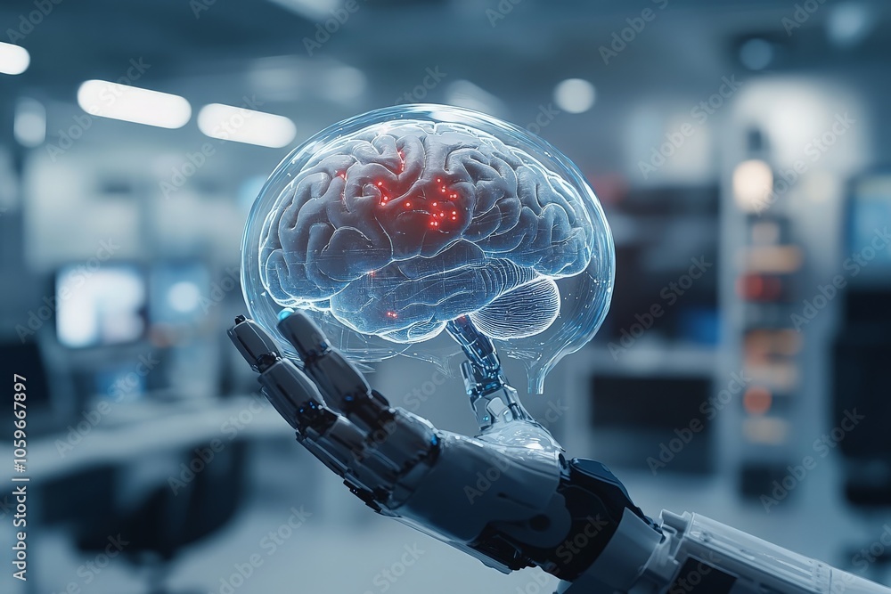 Poster a robotic hand holds a transparent brain model, illustrating the synergy between artificial intellig