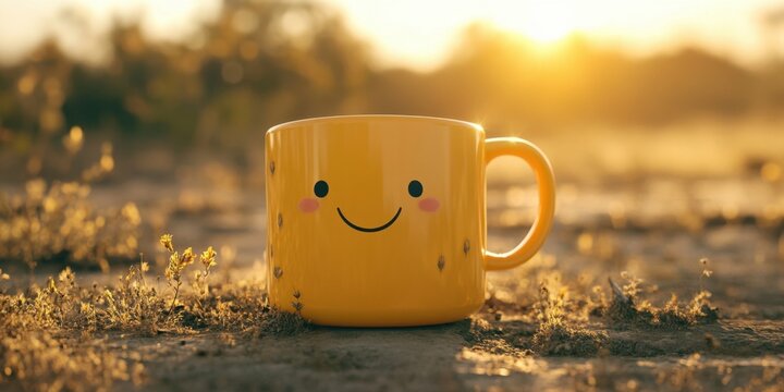 Cheerful Mug with Smiling Face against Sunset - Powered by Adobe