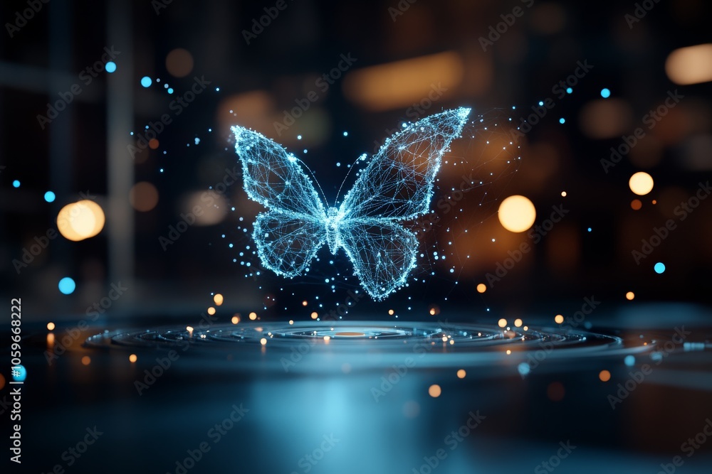 Poster a mesmerizing digital hologram of a butterfly hovering in a futuristic space, combining nature and t