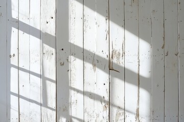 Sunlight streams through a window, casting shadows on a white wooden wall.