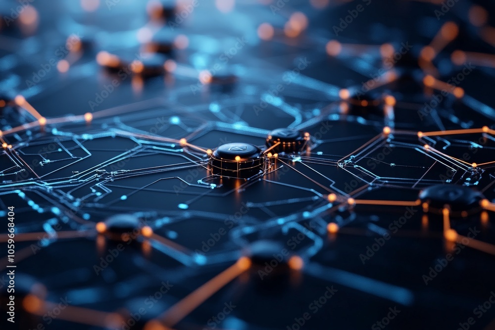 Poster an artistic depiction of digital network circuits with interconnected glowing nodes, symbolizing the