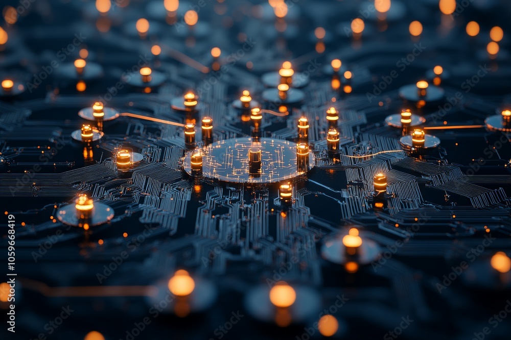 Poster a close-up view of illuminated circuit board patterns with glowing lights, evoking the intricate and