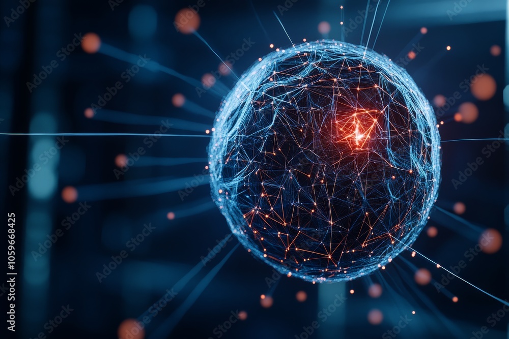 Poster a spherical digital representation showcasing glowing intersection points and a web of interconnecte