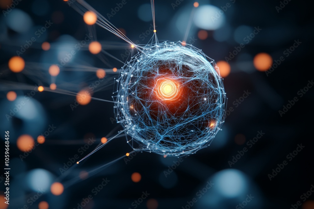 Poster an intricate network sphere with a central glowing core, symbolizing innovation, complexity, and tec