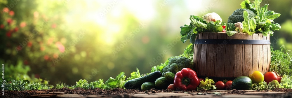 Poster the wooden bucket overflows with freshly picked vegetables, set against a lush green garden bursting