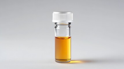 A clear glass vial filled with amber liquid stands upright on a plain background, illuminated by soft light that highlights its shape and contents