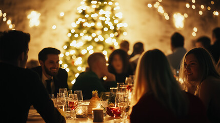 Christmas-themed corporate dinner with festive lights and decor.