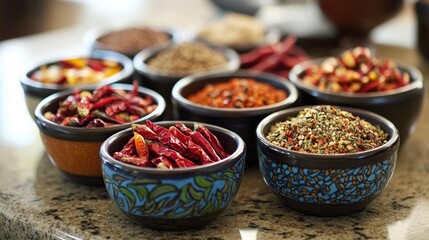 Fototapeta premium Variety of Colorful Spices in Decorative Bowls