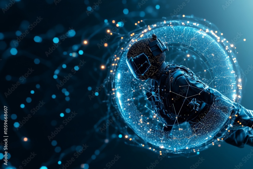Poster an astronaut-like figure within a complex digital sphere amidst a sparkling network, symbolizing exp