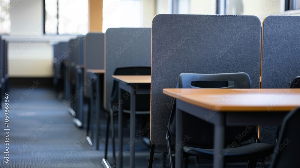 Poster rows of empty desks with dividers create individual study spaces in a library, offering privacy and 