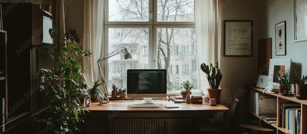 Aufkleber a minimalist home office with a computer on a desk in front of a large window.